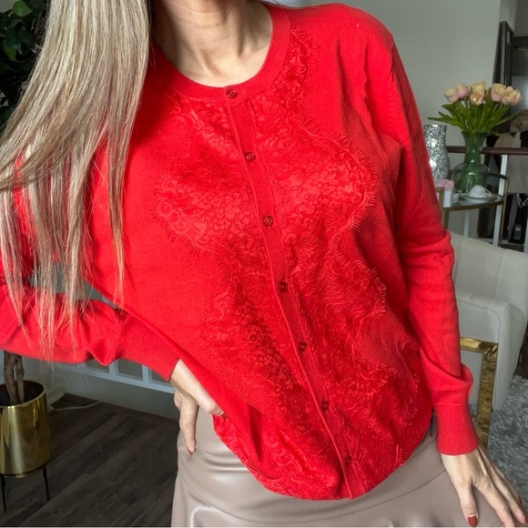 Marie Lund Vtg Red Long Sleeves Button Lace Knit Cardigan Sweater Holidays XL - Picture 1 of 14